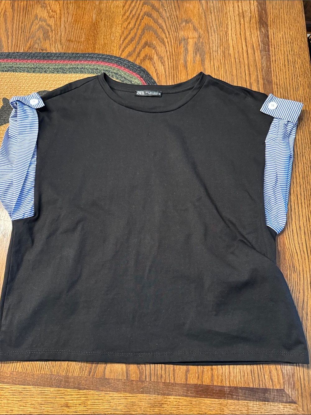 Zara Black Tee with Blue Striped Sleeve Accents